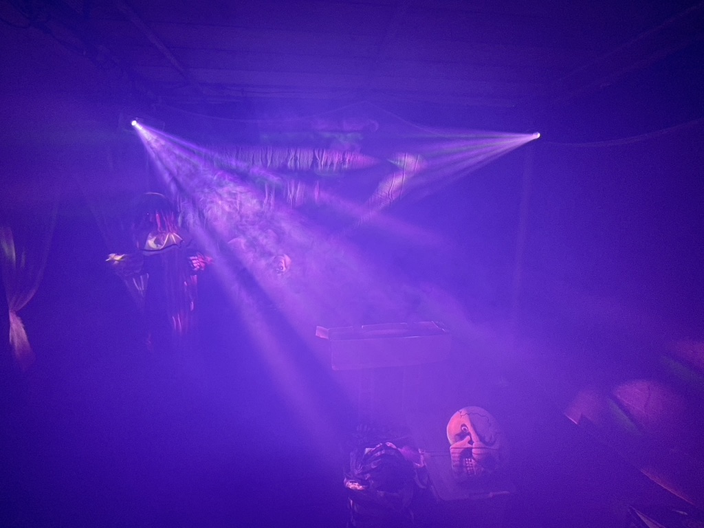 Purple light beams through the fog