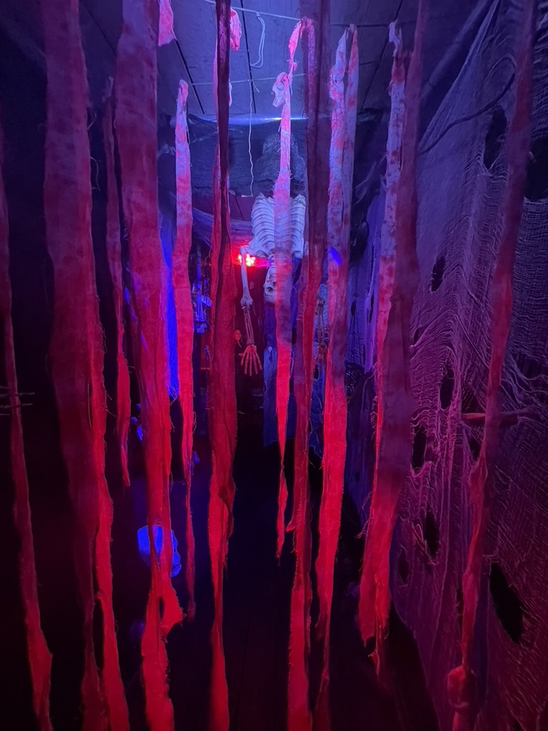 Blood-red streamers and a hanging skeleton