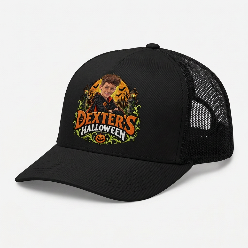 Black Dexter's Halloween trucker cap with Dexter's portrait and Halloween artwork on the front